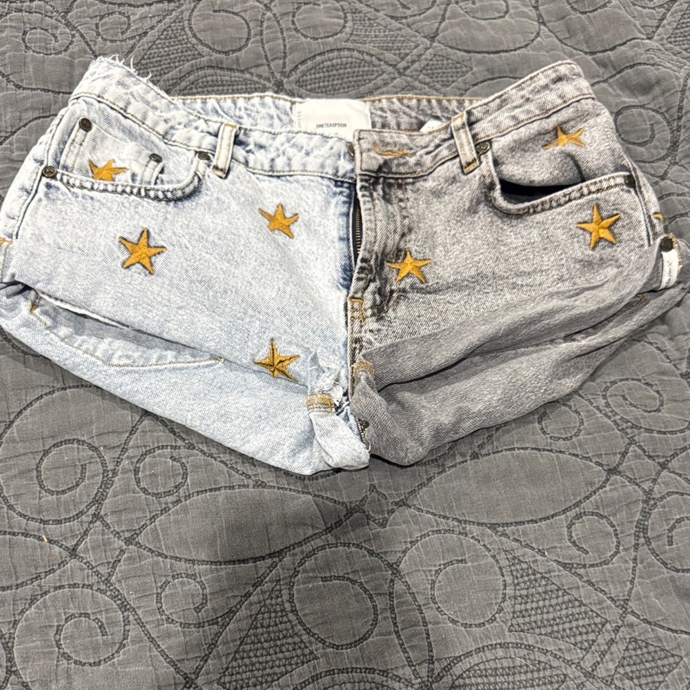 One Teaspoon Gray Denim Shorts with Gold Star Accents